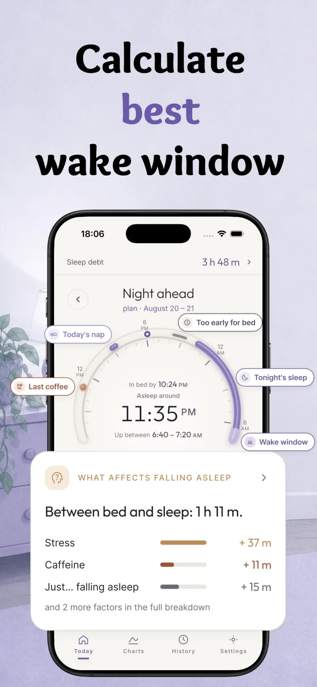 Hespera sleep calculator — the night-ahead screen showing bedtime, wake window and what affects falling asleep